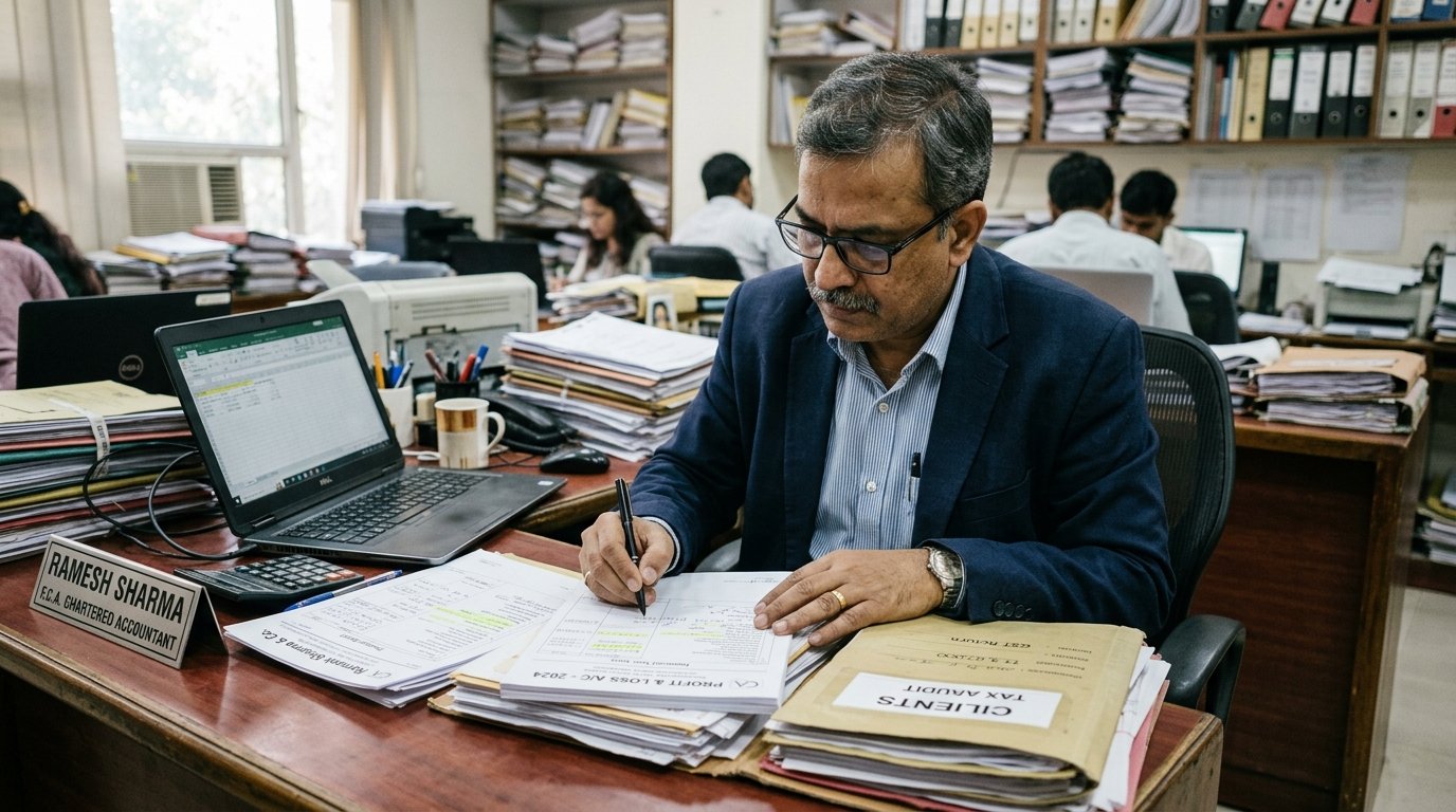 A Chartered Accountant reviewing client tax files at his desk
